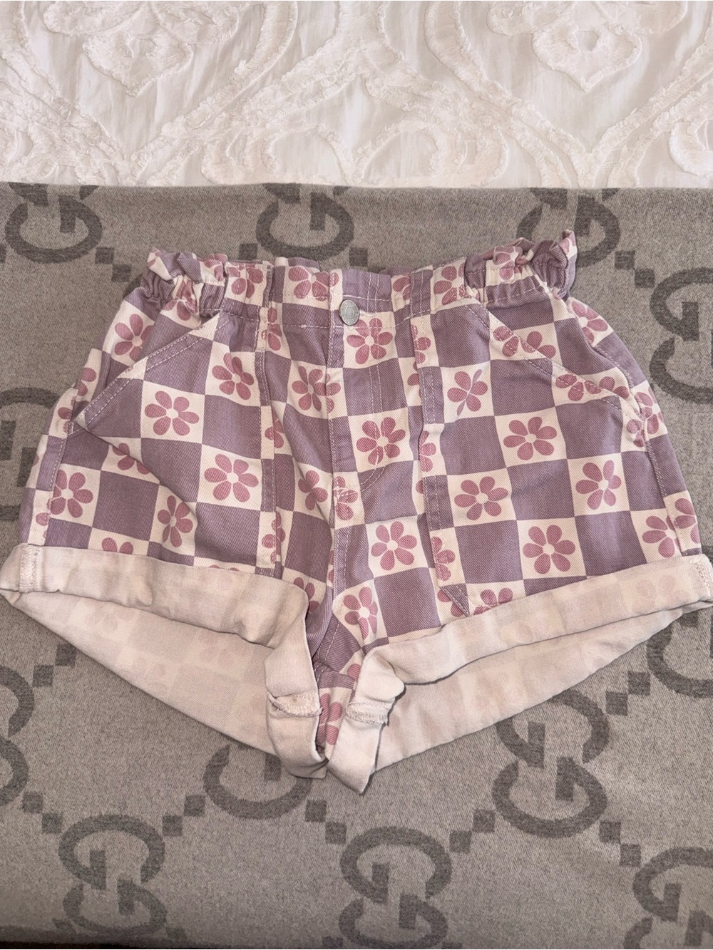 Lavender Floral Checker High Rise Paperbag Denim Shorts - Picture 2 of 10
